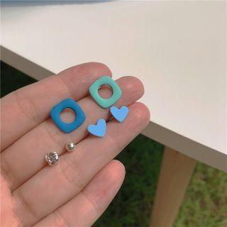 3 Pair Set : Asymmetrical Alloy Earring (assorted Designs) Set Of 3 Pairs - Silver Needle - Blue - One Size