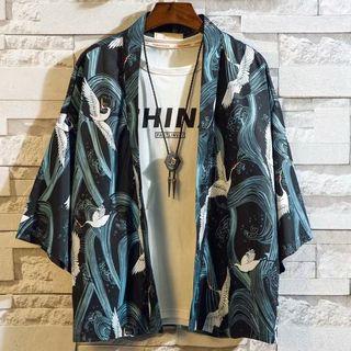 3/4-sleeve Crane Print Light Jacket
