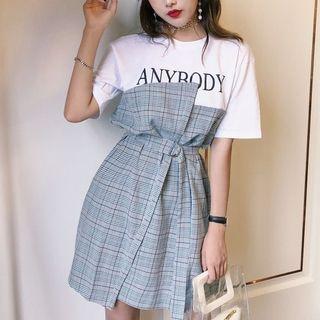 Mock Two-piece Short-sleeve Plaid Panel Mini Dress