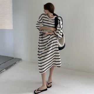 Round Neck Elbow Sleeve Striped Dress Stripe - One Size