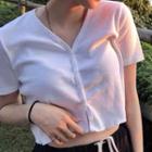 Buttoned Short-sleeve Cropped Top White - One Size