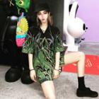 Elbow-sleeve Patterned Shirt Green - One Size