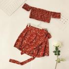 Set: Floral Short-sleeve Crop Top + A-line Skirt