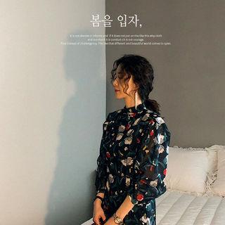 Stand-collar 3/4-sleeve Floral Long Shirtdress