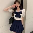 Set: Bow Cropped Blouse + Pleated Mini A-line Skirt