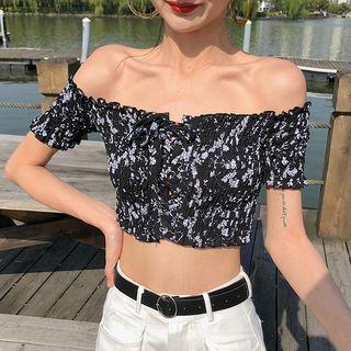 Printed Off-shoulder Short-sleeve Crop Top