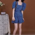Puff-sleeve Denim Romper