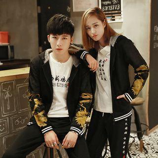 Couple Matching Dragon Print Fleece Lined Hooded Jacket