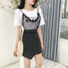 Mock Two-piece Lace Trim Short-sleeve T-shirt / Dotted Pencil Skirt
