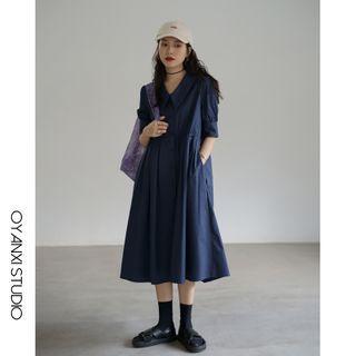 Plain Short-sleeve Button Tie-waist Midi A-line Dress
