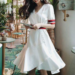 Short-sleeve Striped Trim Ruffled A-line Dress
