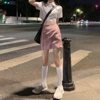 Short-sleeve Lettering Cropped Shirt / Plaid Mini Skirt
