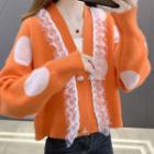 Lace Trim Dotted Cropped Cardigan