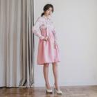Set: Hanbok Top (floral / Pink) + Skirt (midi / Pink)