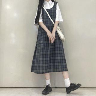 Elbow-sleeve Shirt / Plaid Midi A-line Jumper Dress
