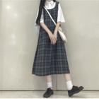 Elbow-sleeve Shirt / Plaid Midi A-line Jumper Dress