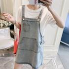 Set : Denim Vest Dress + White Short-sleeved Top