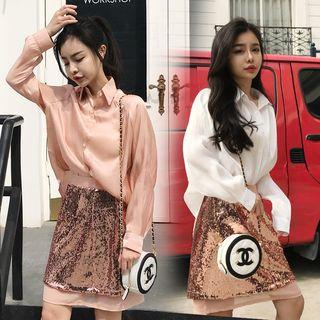 Long-sleeve Plain Shirt + Sequined A-line Skirt