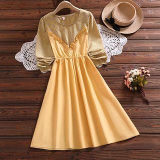 Plaid Panel Ruffled Long-sleeve Midi A-line Dress