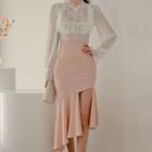 Set: Lace Blouse + Ruffle Hem Asymmetrical Pencil Skirt