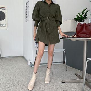 Bishop-sleeve Corduroy Shirtdress With Belt