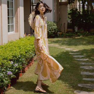 3/4-sleeve Leaf Print Midi A-line Beach Dress
