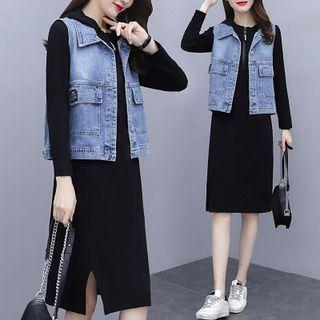 Set: Long-sleeve Bodycon Dress + Button-up Denim Vest