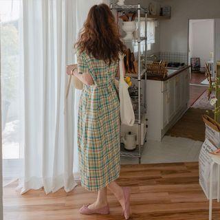 Ruched Boxy Plaid Long Dress Green - One Size