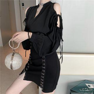 Long-sleeve Cold Shoulder Top / Mini Fitted Skirt