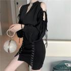 Long-sleeve Cold Shoulder Top / Mini Fitted Skirt