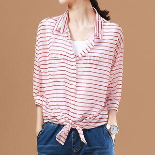 3/4-sleeve Stripe Tie-waist Blouse