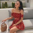 Set: Short-sleeve Off-shoulder Floral Print Crop Top + Mini A-line Skirt