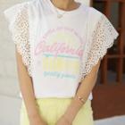 Perforated-sleeve Letter Print T-shirt