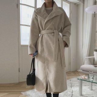 Stand-collar Long Coat With Sash