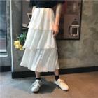 Plain Elastic-waist Tiered Midi Skirt