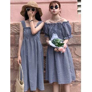 Plaid Wide-strap A-line Dress / Off-shoulder A-line Dress