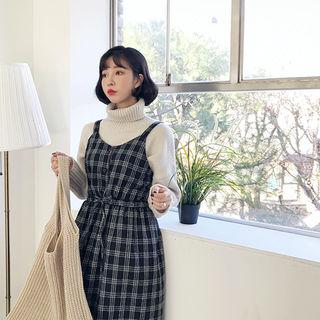 Half-placket Checked Midi Pinafore Dress