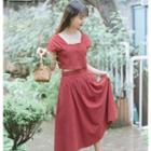 Set: Cap-sleeve Buttoned Cropped Top + A-line Midi Skirt