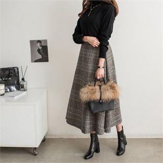 Band-waist Glen-plaid Long Flare Skirt