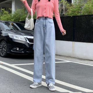 Washed Harem Jeans / Long-sleeve Button Knit Top