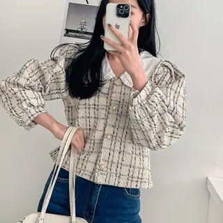 Puff-shoulder Fill-collar Tweed Jacket
