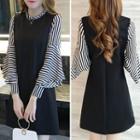 Long-sleeve Striped Panel Frill Collar Dress