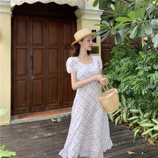 Plaid Floral Print Puff-sleeve Midi Dress Blue - Dress - One Size