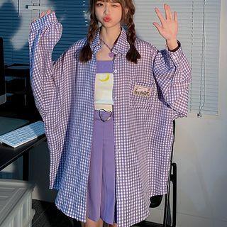 Oversized Plaid Long-sleeve Shirt Purple - One Size