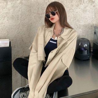 Plain Single Breasted Cargo Jacket Khaki Jacket - One Size