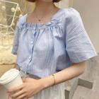 Pinstripe Square-neck Short-sleeve Blouse Blue - One Size