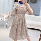 Lace Yoke Short-sleeve Floral Print A-line Dress