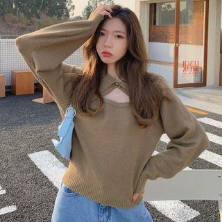 Long-sleeve Polo-neck Cutout Sweater Tea Brown - One Size