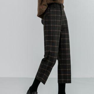 Cropped Wide-leg Plaid Wool Pants
