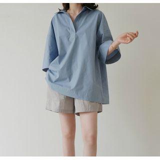Elbow-sleeve Plain Blouse Blue - One Size
